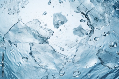 Ice  and water splashes on a blue background. Copy space