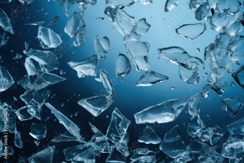 Pieces of broken transparent ice on a blue background. Close-up.
