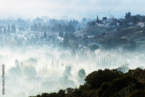 Early morning fog in the West San Fernando Valley neighborhood of Los Angeles, California. © trekandphoto