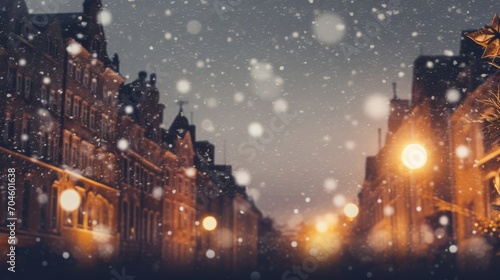 Beautiful blurred street of festive night or evening city with snowfall and Christmas lights