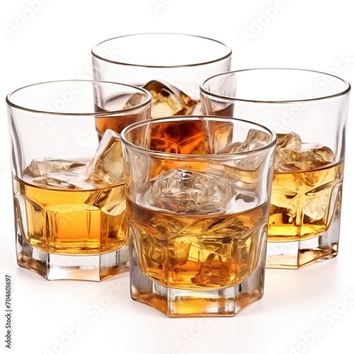  Four glasses of whiskey with ice cubes photo