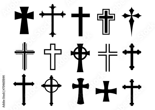 Catholic Symbols, Cross Christian icons. Vector line black christian cross set on white background