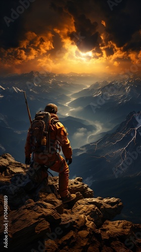 Man in orange spacesuit standing on a mountaintop overlooking a valley with a river running through it and a storm in the distance