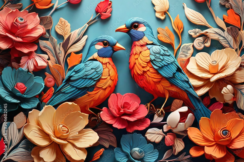 Colorful paper quilling art. Intricate birds and flowers design. Captivating and vibrant craft for creative projects and visuals.