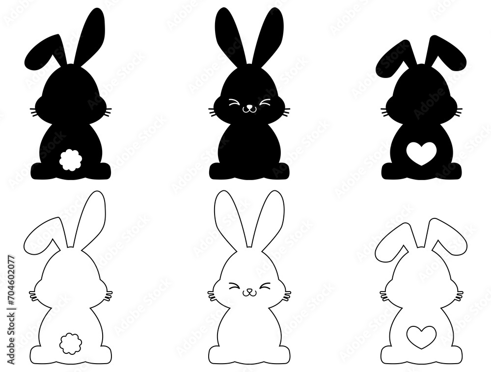 Silhouettes of bunnies isolated on a white background. Set of different rabbits hand drawn style