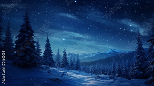 A Night Scene With Snow Covered Trees and Stars in the Sky