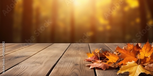 Autumn-themed wooden table with fall colors in the background.