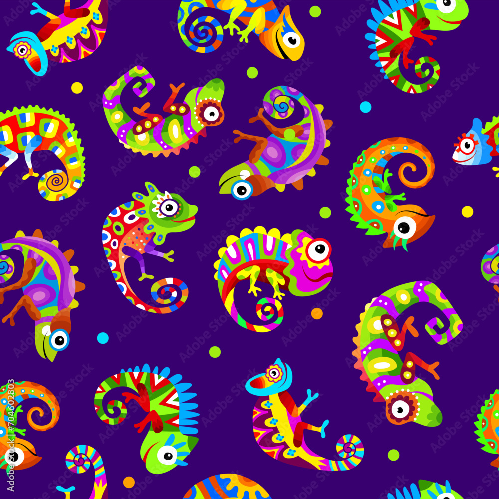Chameleons pattern. Colored lizards seamless background