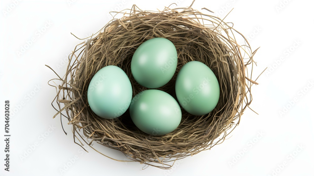 Top View of light green Eggs in a Nest on a white Background. Easter Template with Copy Space Top View of light green Eggs in a Nest on a white Background. Easter Template with Copy Space