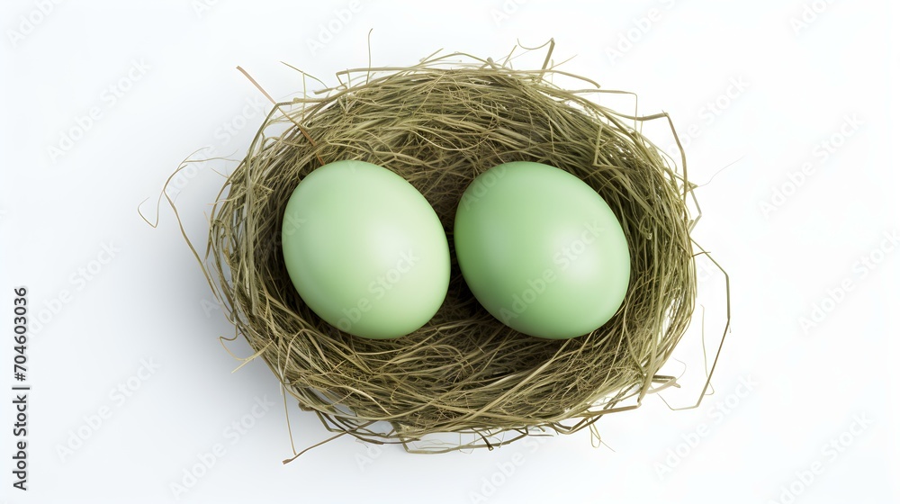 Top View of light green Eggs in a Nest on a white Background. Easter Template with Copy Space Top View of light green Eggs in a Nest on a white Background. Easter Template with Copy Space