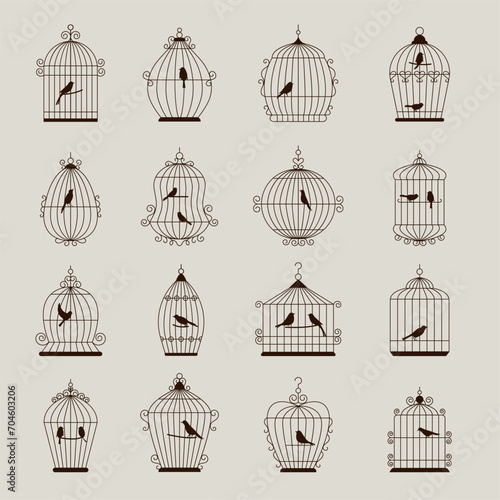 Bird cage. Decorative metal houses for domestic birds recent vector cage silhouettes
