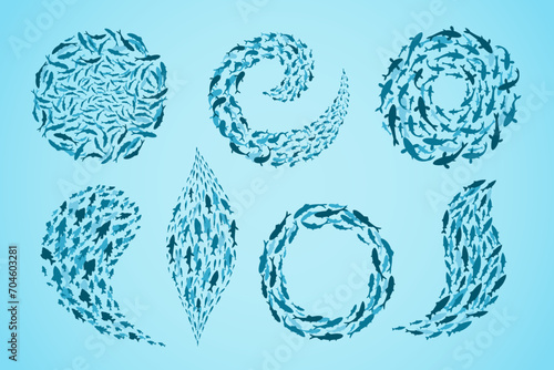 Shoal fish. Underwater life ecosystem silhouettes of fishes in various geometrical forms recent vector templates isolated