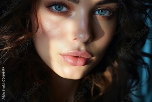 Portrait of a beautiful young woman with blue eyes and dark hair