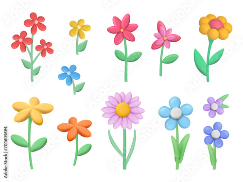 Clay flowers. Grass and plasticine flowers collection decent vector botanical illustrations