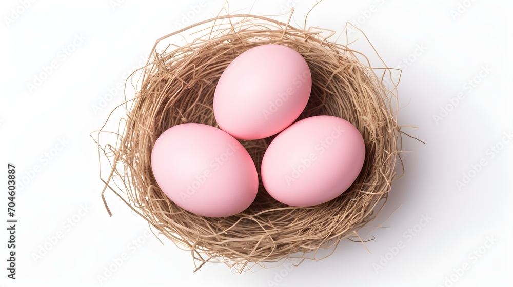 Top View of light pink Eggs in a Nest on a white Background. Easter Template with Copy Space