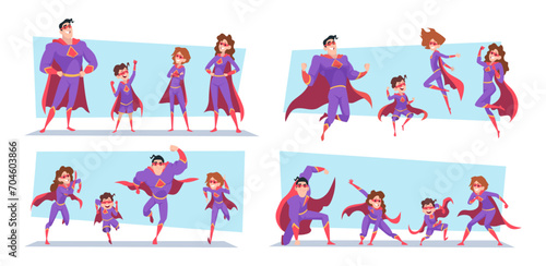 Heroes family. Parents and kids superheroes exact vector cartoon illustrations