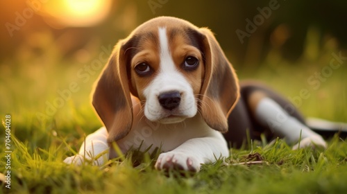 innocence as a beagle puppy with a noble posture lies quietly in the grass—a heartwarming image radiating tranquility, adorable charm, and the peaceful beauty of a young dog in nature