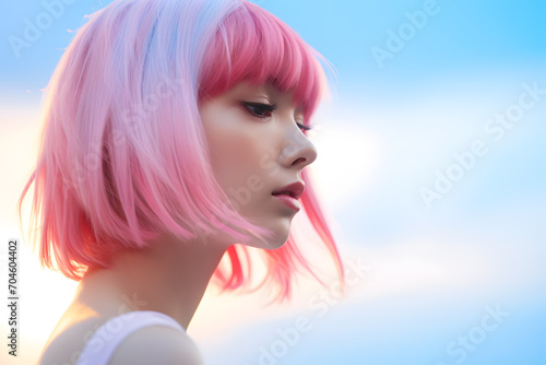 Portrait of woman with pink hair with neon lights