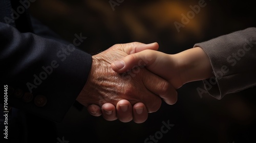 Handshake between an old woman with a wrinkled hand and a young woman isolated on white background © pvl0707