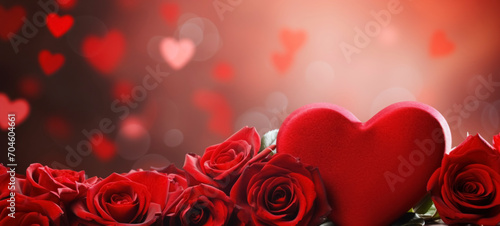 Background with roses and hearts for Valentine's Day. Horizontal banner