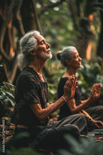 A photo of an elderly couple practicing yoga in a serene park  focusing on their synchronized poses and expressions of tranquility