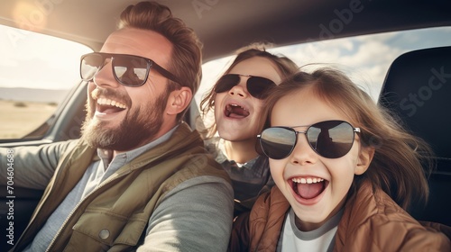 happiness of a family riding together in a car—a heartwarming image radiating family bonding, travel joy, and the memorable moments created on the road, © pvl0707