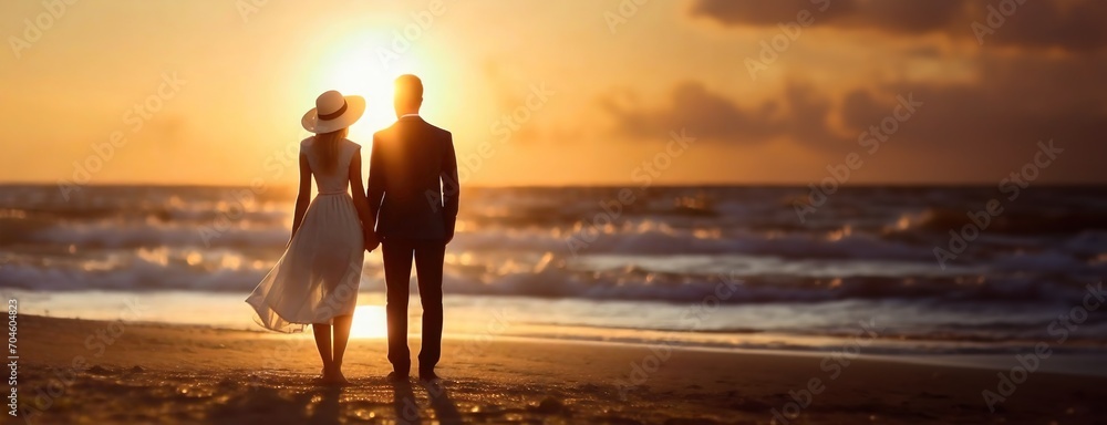 On Valentine's Day a couple silhouette against the Maldives sunset paints a scene of love, with the calm waves and sandy shore adding to the idyllic romantic setting. - obrazy, fototapety, plakaty 