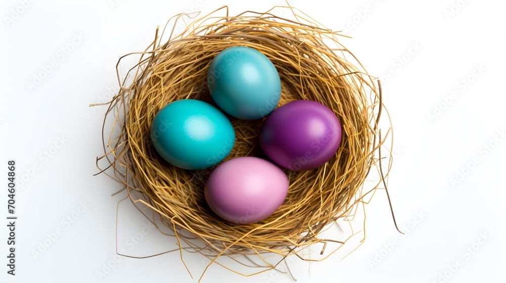 Top View of multicolor Eggs in a Nest on a white Background. Easter Template with Copy Space Top View of multicolor Eggs in a Nest on a white Background. Easter Template with Copy Space