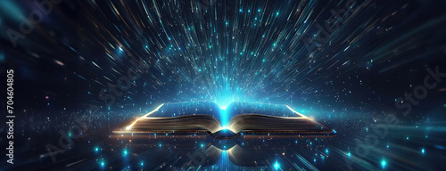 Cosmic Knowledge Radiating Energy. The opened book's pages glow, radiating light and star patterns into the dark space, suggesting a universe of information contained within. Panorama with copy space photo