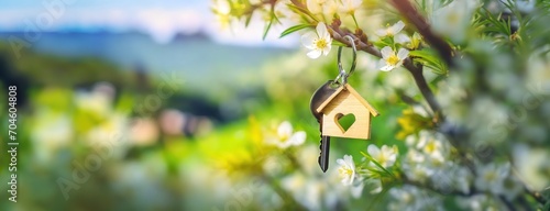 A key ring with a house shape hangs on a blooming branch, embodying home dreams. Keychain suggests new beginnings amidst spring blossoms. Real estate, moving home or renting property concept. photo