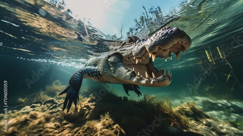 A large alligator gracefully swims in the water, showcasing the beauty of wildlife on National Wildlife Day 2024. photo