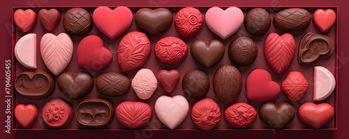 Valentine's Day background. top view heart shape chocolates. Dessert sweet hearts, red and pink. 