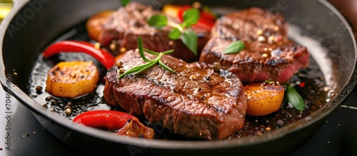 Beef steak cooked with vegetables in a frying pan. photo