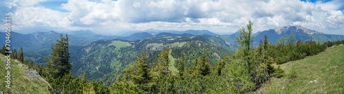 Beautiful panoramic view to famous Ötscher mountain in Lower Austria on a cloudy day. Wonderful and idyllic Ötscherland landscape with hills and lakes