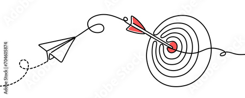 target and arrow with paper plane one line illustration. No background. 