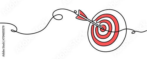 Continuous one line drawing of arrow in center of target. Strategic marketing or business concept. Single line style. 