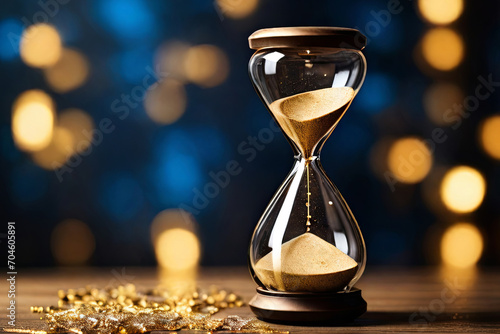 Running out of time. Hourglass in kintsugi style against bokeh backdrop. Symbolic image portraying time's fleeting nature. photo
