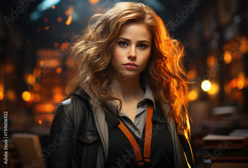 A stunning woman with flowing red hair stands confidently on a busy city street, her fashion-forward outfit and striking portrait drawing the eye of all who pass by