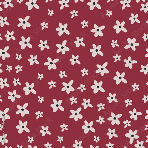 Seamless vector pattern in minimalistic style. Cute daisies on red background . Vector illustration