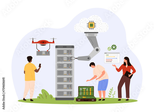 Cloud infrastructure for digital data storage and backup. Tiny people, cloud computer and smart drone work to configure server settings online, connect to database cartoon vector illustration