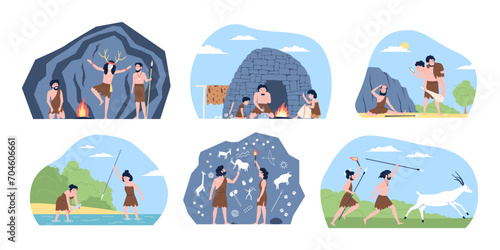Prehistoric life scenes. Flat caveman friends and families. Neanderthal homo sapiens, hunters, male and female characters. Ancient recent vector set photo