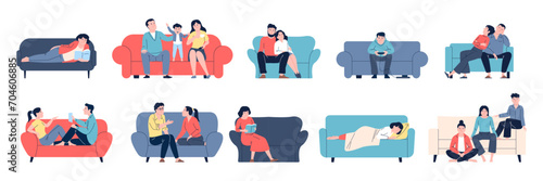 People resting at home. Person rest on couch or sofa, nice weekend at house. Man woman relaxing alone or with family and friends, recent vector scenes