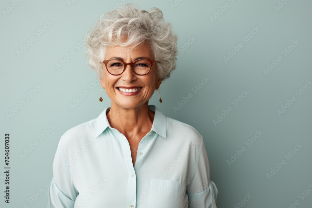 Smiling Senior Lady with Fashionable Earrings and Glasses Smiling Senior Lady with Fashionable Earrings and Glasses