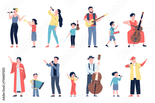 Different ages musicians. Children and adults play music instruments and sing. Musical lessons, creativity development recent vector characters