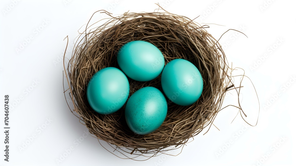Top View of turquoise Eggs in a Nest on a white Background. Easter Template with Copy Space Top View of turquoise Eggs in a Nest on a white Background. Easter Template with Copy Space