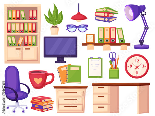 Office furniture and stationery. Modern cabinet or classroom equipment. Desk, work chair and bookshelf with paper folders, nowaday vector set