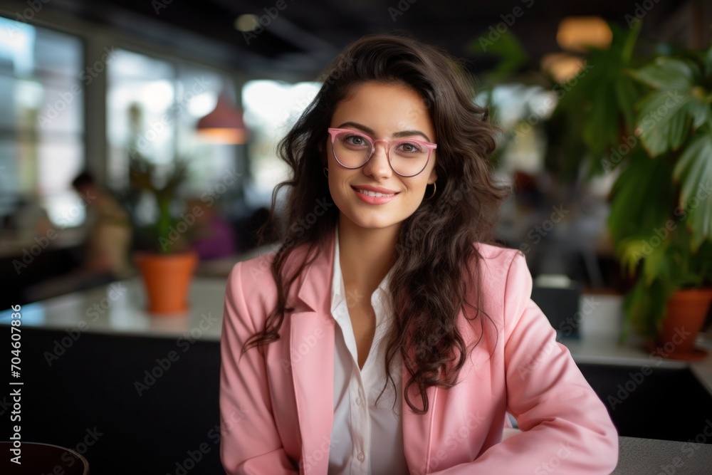 Woman in pink blazer, glasses, radiates professional joy in a modern office, smiling, stylish businesswoman, happy and confident in a casual workspace. Woman in pink blazer, glasses, radiates professional joy in a modern office, smiling, stylish businesswoman, happy and confident in a casual workspace.