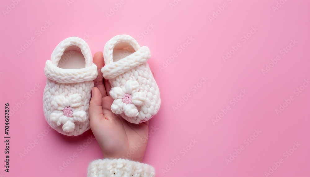 Textile slippers for baby girls in a feminine hand on pink background with copy space, Cute Baby Shoes for Kids on Pink Background Textile slippers for baby girls in a feminine hand on pink background with copy space, Cute Baby Shoes for Kids on Pink Background