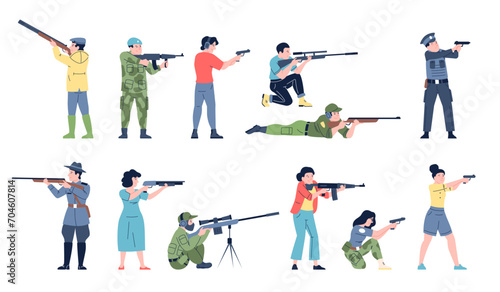 Shooting range. People hold firearms, men woman shoots. Shoot training with gun and rifle, holding different weapons recent vector characters