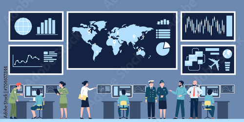 Command control center. Government digital service, military agency. Giant monitors with graphs and people in uniform, recent vector illustration